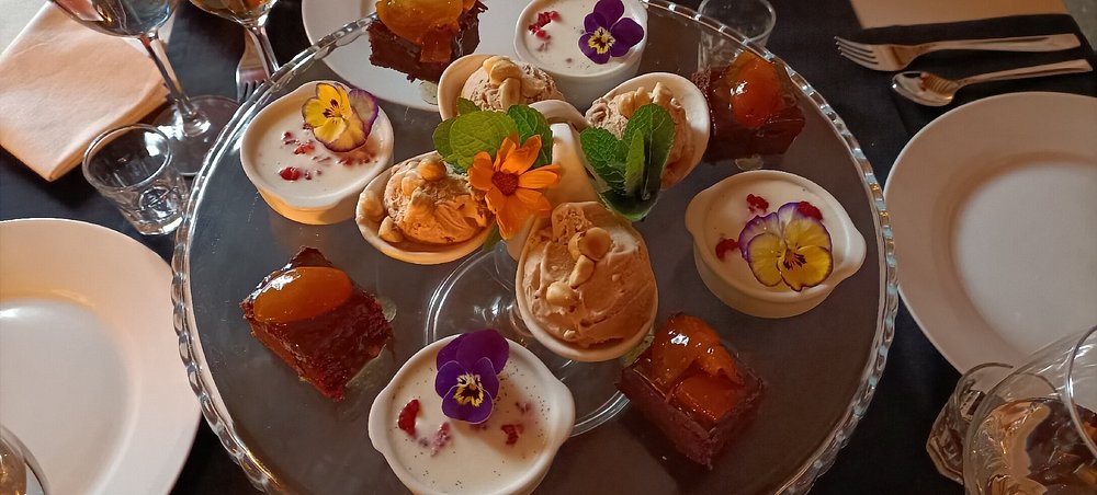 selection of desserts on a tray fine dining mare nostrum